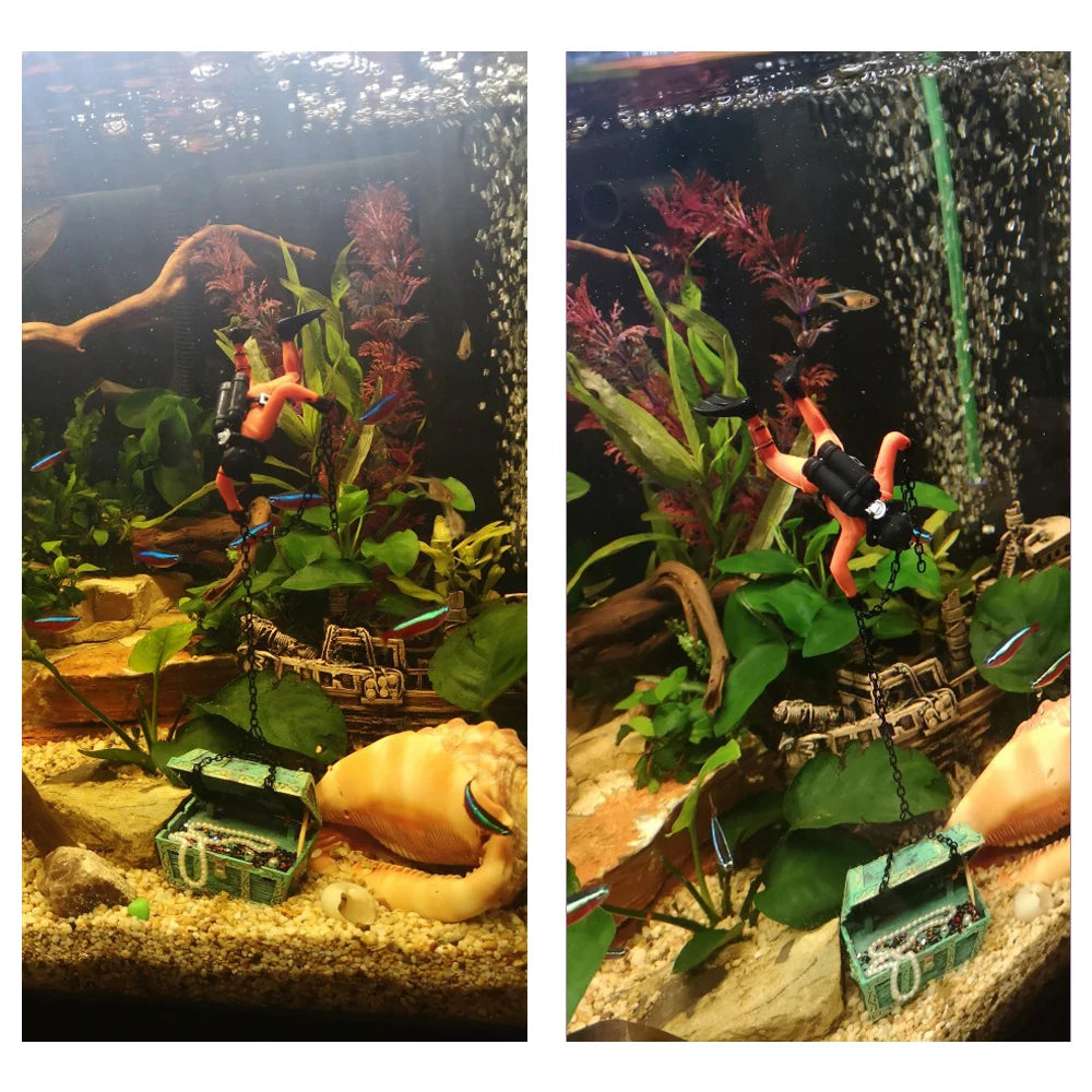 Treasure Hunter Fish Tank Ornament | Diver Action Figure & Treasure Chest Aquarium Decoration