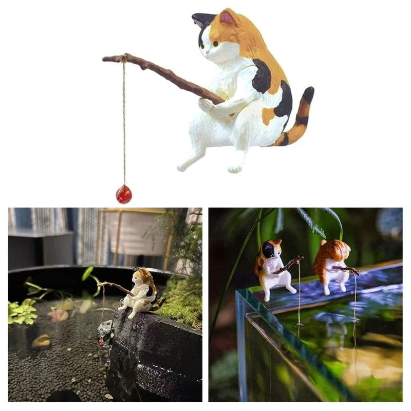 Fishing Cat Ornaments | Aquarium Decoration & Landscaping Cartoon Cat Statue Mini Resin Figurine
