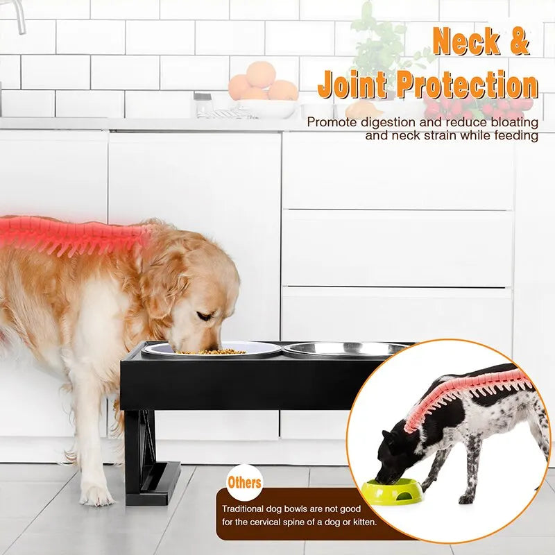 Adjustable Double Elevated Dog Bowls | Slow Feeding Stand for Medium & Large Dogs
