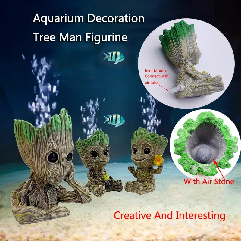 Cute Tree Man Figurine | Aquarium Decoration with Air Bubble Driftwood Statue & Fish Tank Shelter