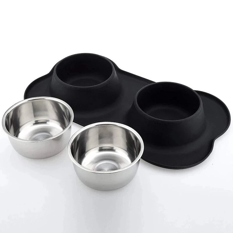 Antislip Double Dog Bowl with Silicone Mat | Durable Stainless Steel Food and Water Feeder for Dogs and Cats
