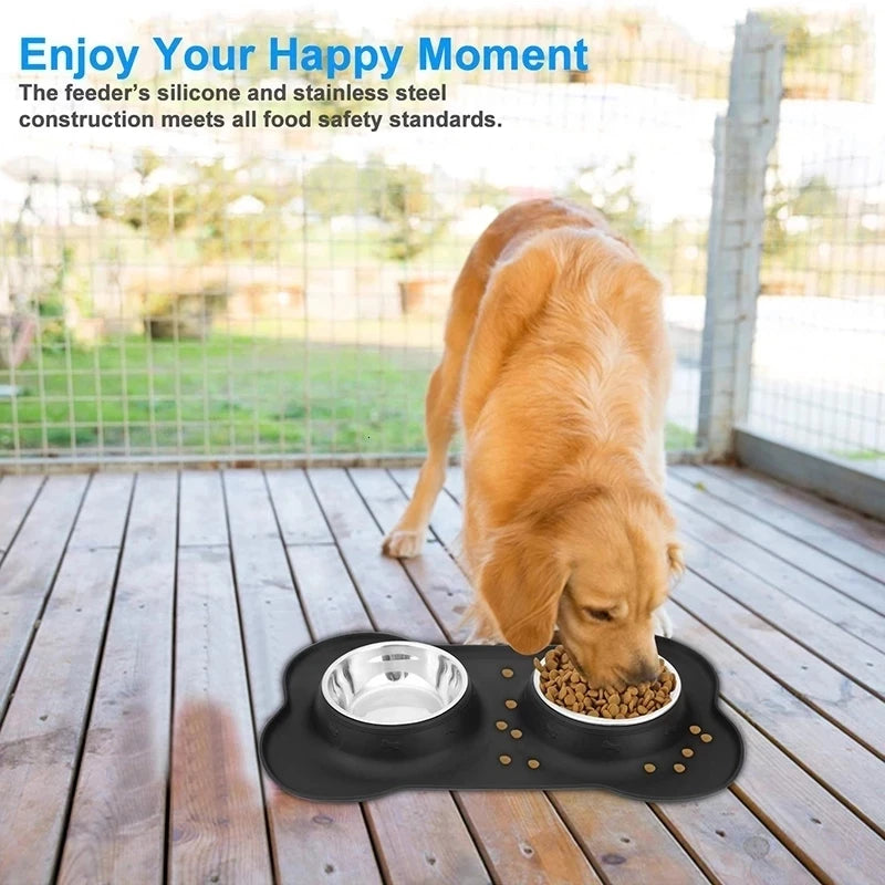 Antislip Double Dog Bowl with Silicone Mat | Durable Stainless Steel Food and Water Feeder for Dogs and Cats