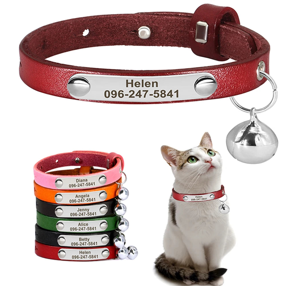 Personalized Adjustable Leather Cat Collar | Custom Name Necklace for Puppies and Kittens - Anti-Lost Pet Accessory