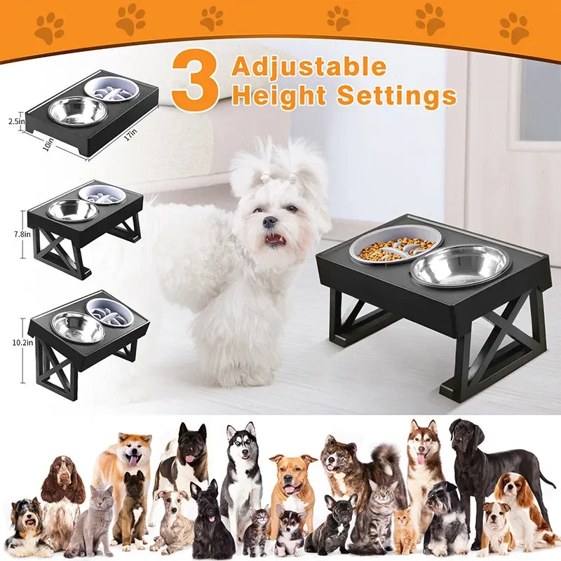 Adjustable Double Elevated Dog Bowls | Slow Feeding Stand for Medium & Large Dogs