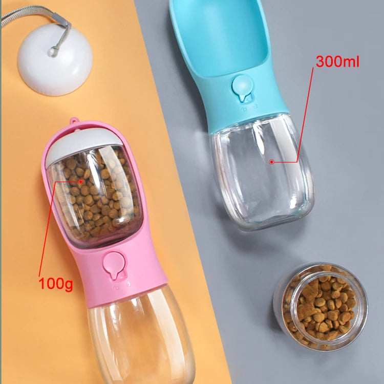 2-in-1 Portable Dog & Cat Water Bottle | 300ml Food Grade Travel Cup with Food Dispenser