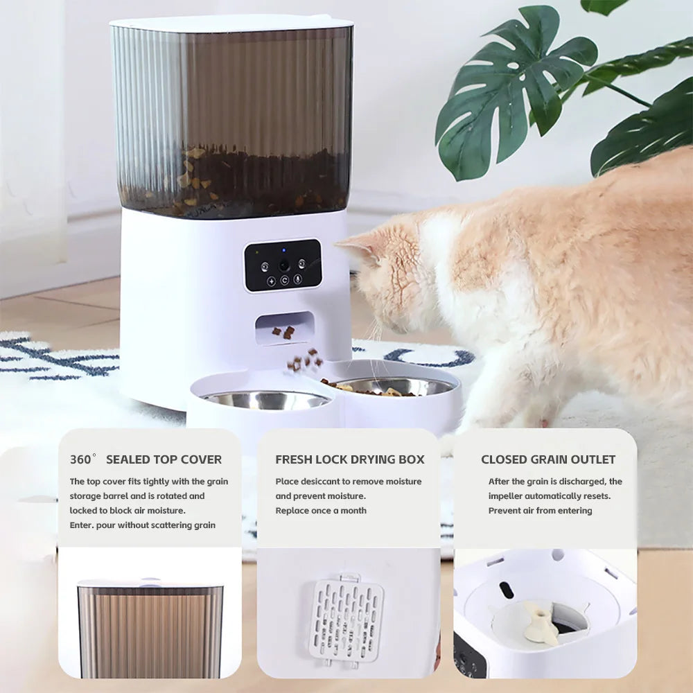 5L Smart Automatic Cat Feeder | Double Bowls with Camera & Voice Recorder for Dogs & Cats