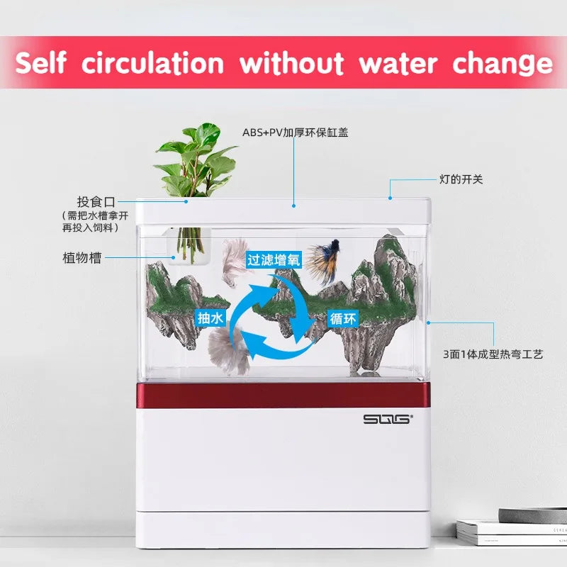 Self-Circulating Mini Fish Tank | Eco-Friendly Desktop Aquarium with Charging Filter