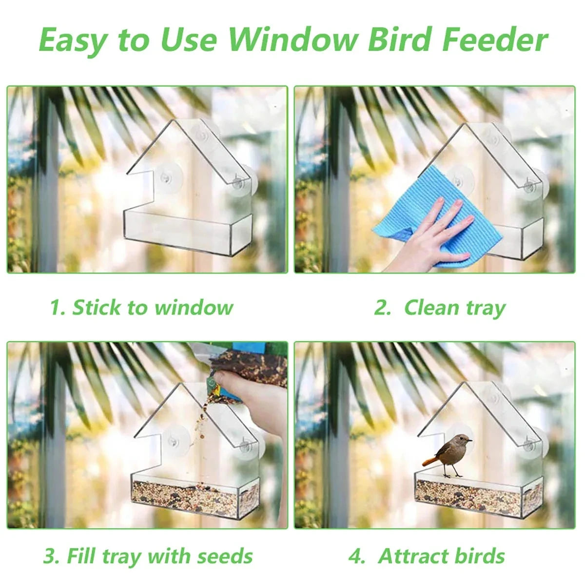 Transparent Window Wild Bird Feeder | Outdoor Removable Suction Cups & Sliding Automatic Feed Tray for Garden, Patio, and Yard