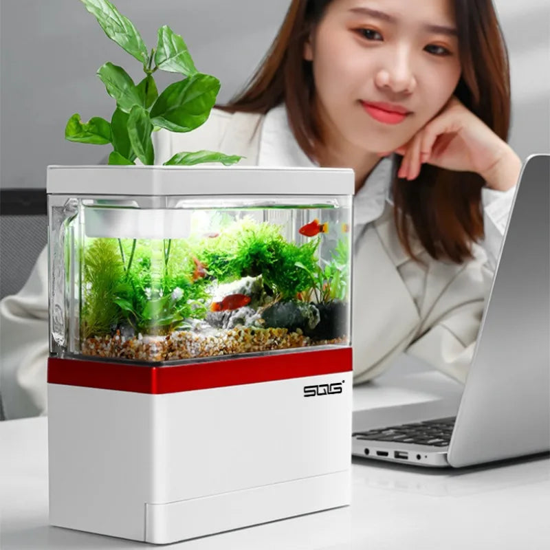 Self-Circulating Mini Fish Tank | Eco-Friendly Desktop Aquarium with Charging Filter