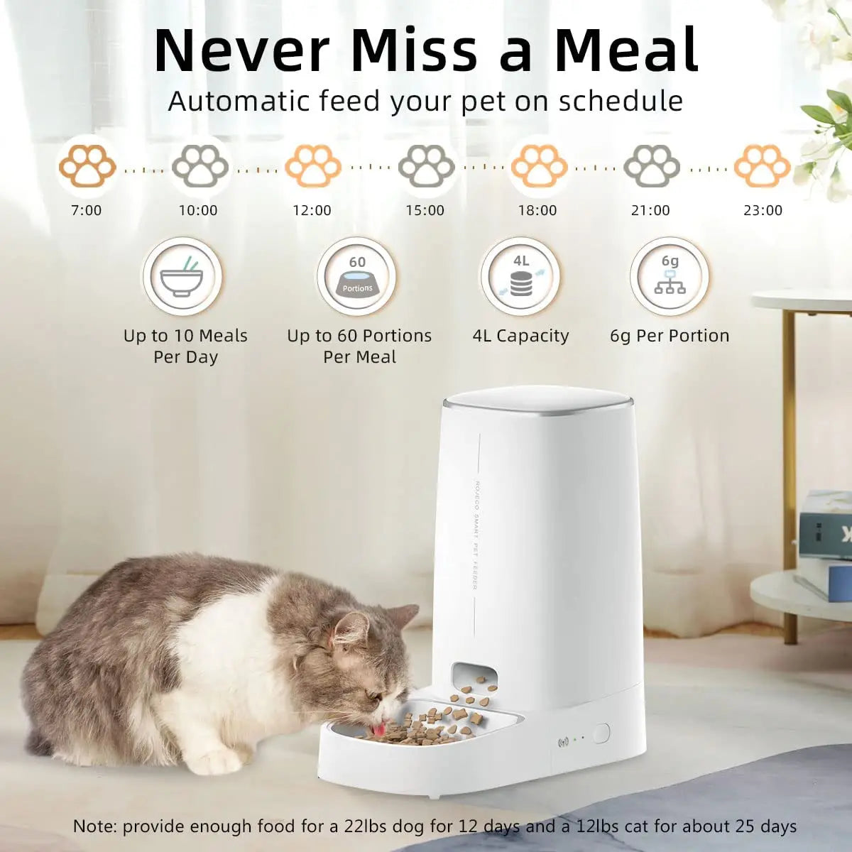 ROJECO Automatic Cat Feeder | Smart WiFi Kibble Dispenser with Remote Control for Cats & Dogs