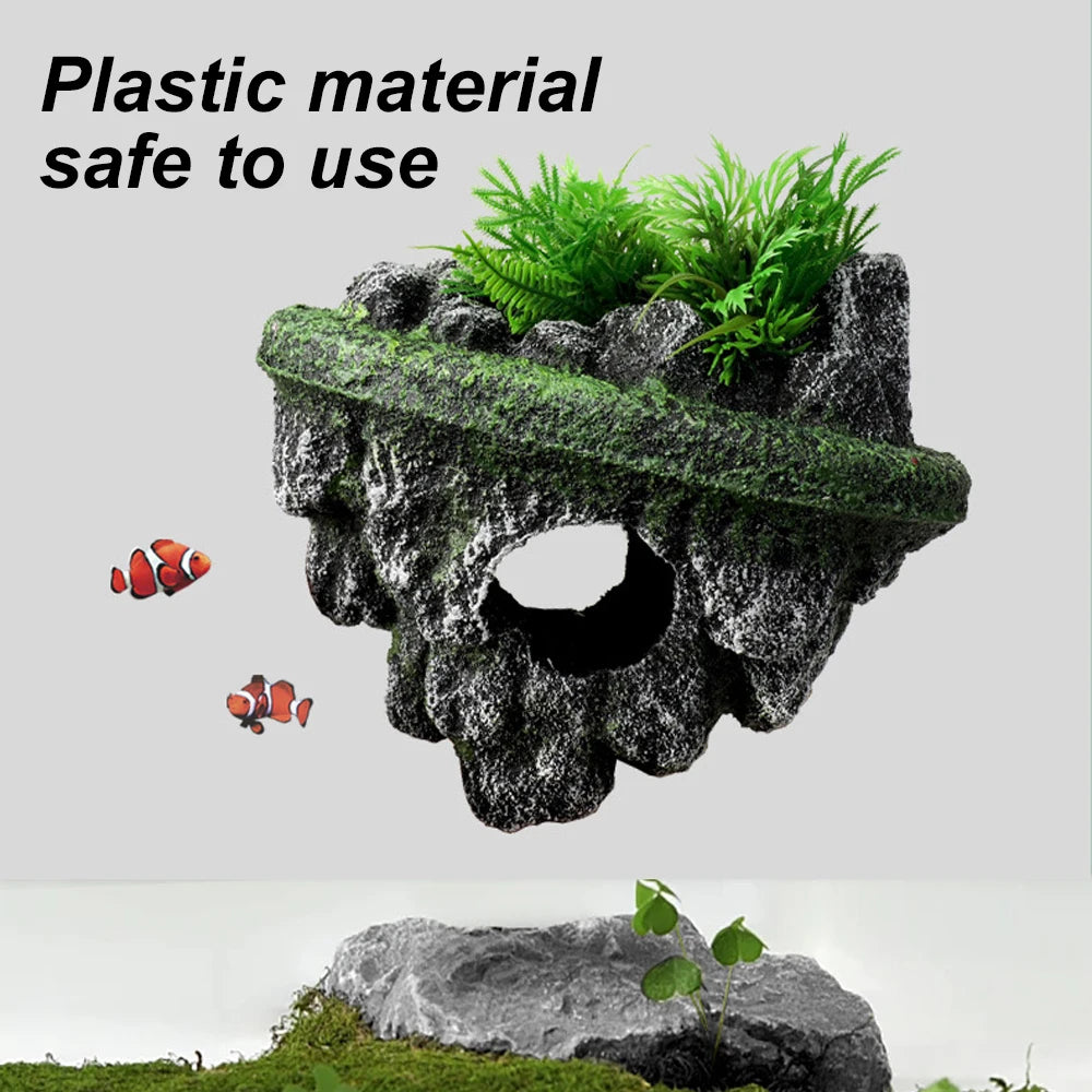 Suspended Island Fish Tank Decoration | Creative Floating Stone with Simulation Plants & Caverns