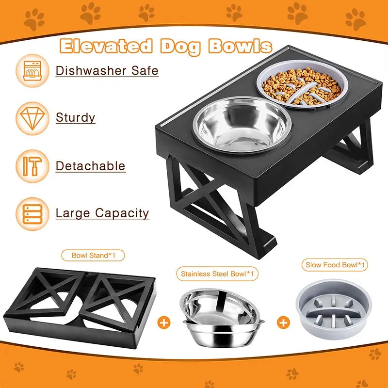 Adjustable Double Elevated Dog Bowls | Slow Feeding Stand for Medium & Large Dogs