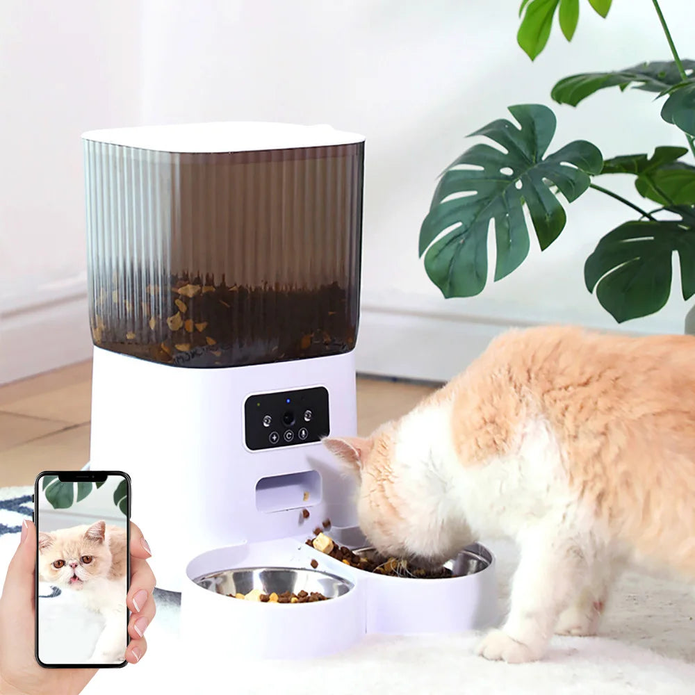 5L Smart Automatic Cat Feeder | Double Bowls with Camera & Voice Recorder for Dogs & Cats