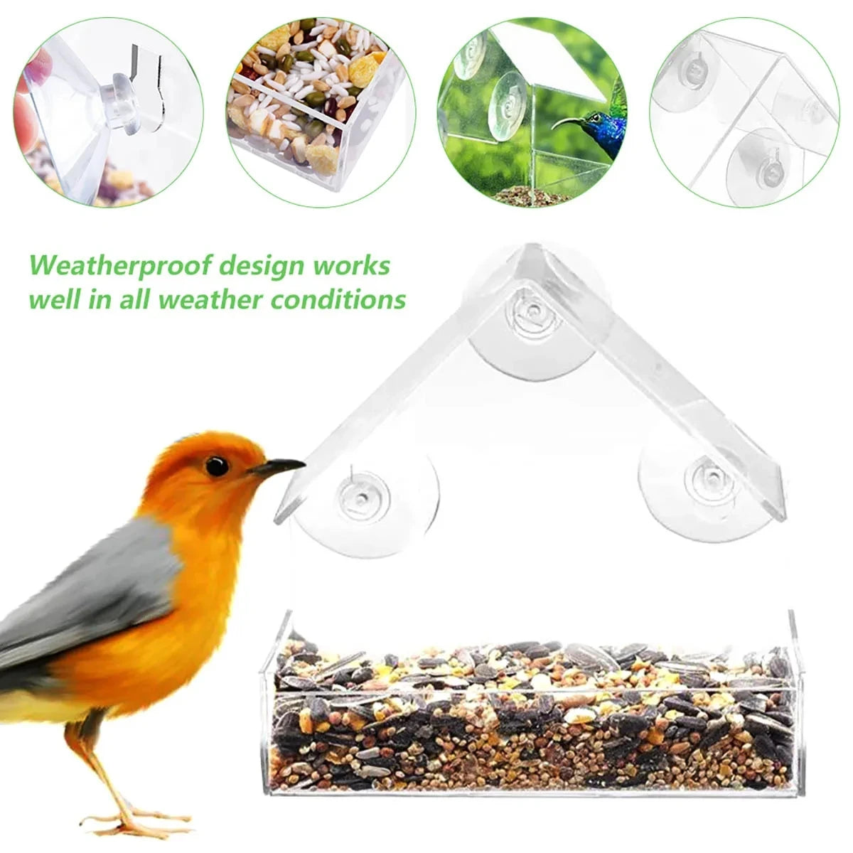 Transparent Window Wild Bird Feeder | Outdoor Removable Suction Cups & Sliding Automatic Feed Tray for Garden, Patio, and Yard
