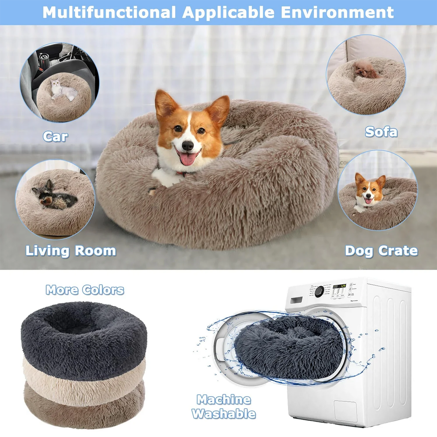 Super Soft Pet Cat Bed Plush Full Size Washable Calm Bed Donut Bed