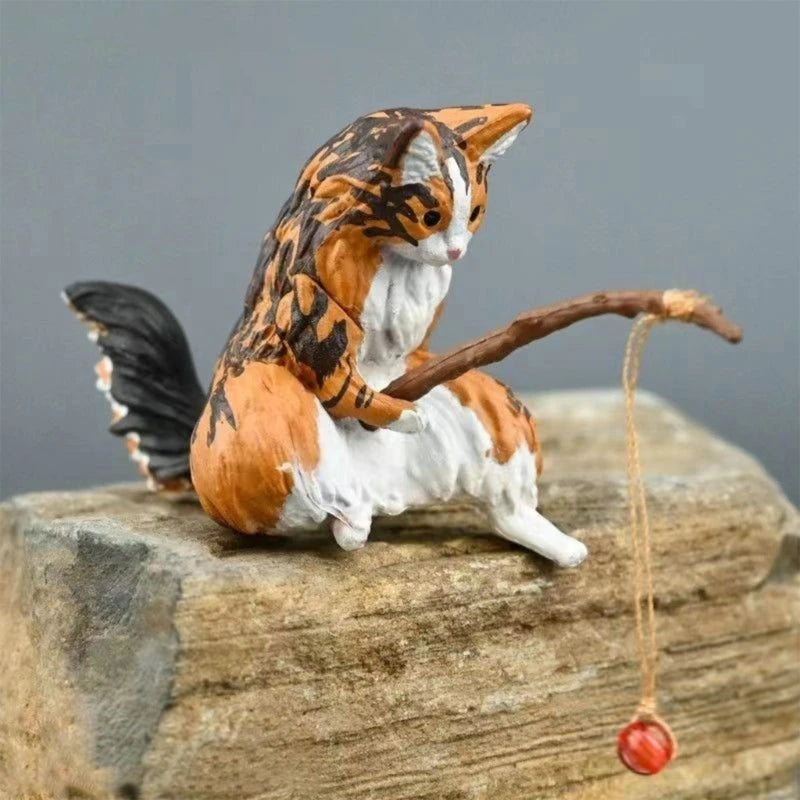 Fishing Cat Ornaments | Aquarium Decoration & Landscaping Cartoon Cat Statue Mini Resin Figurine