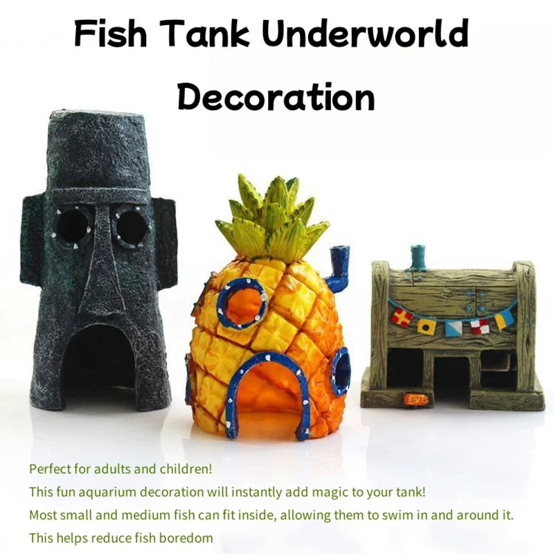 Cartoon Pineapple House Aquarium Decoration | Fish & Shrimp Shelter with Octopus & Crab Castle