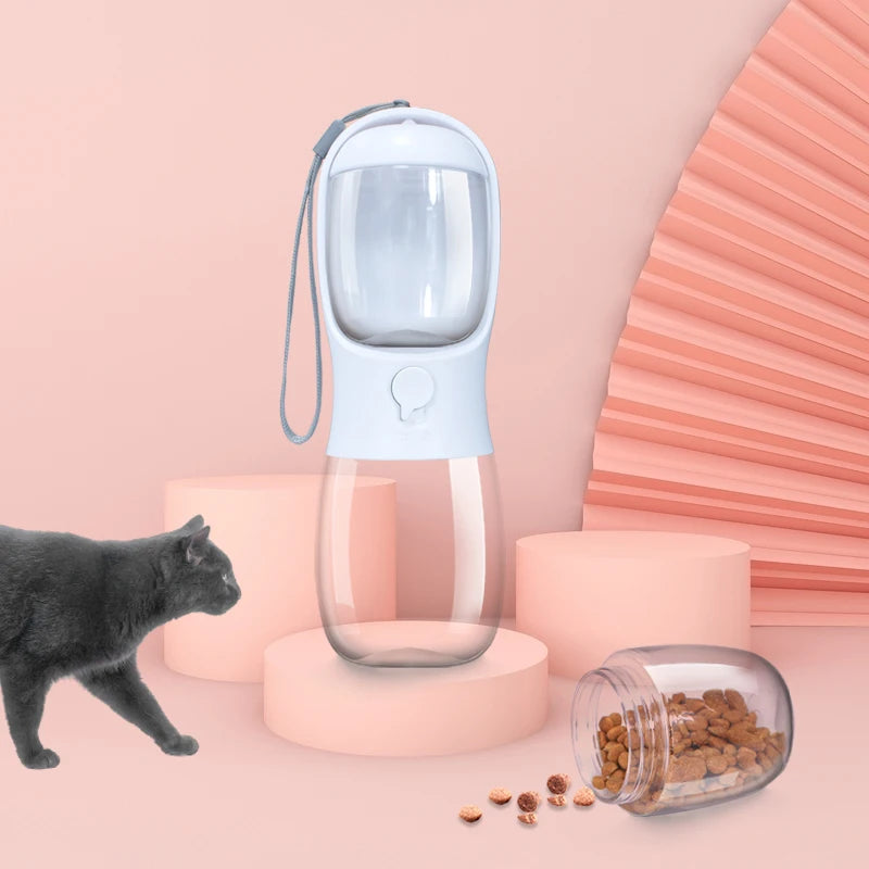 2-in-1 Portable Dog & Cat Water Bottle | 300ml Food Grade Travel Cup with Food Dispenser
