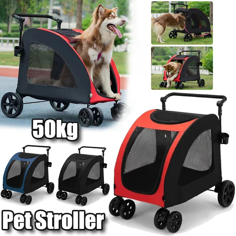 Foldable Large Dog Stroller | Breathable Mesh for Cats & Dogs Up to 50KG | Ideal for Walking & Transport