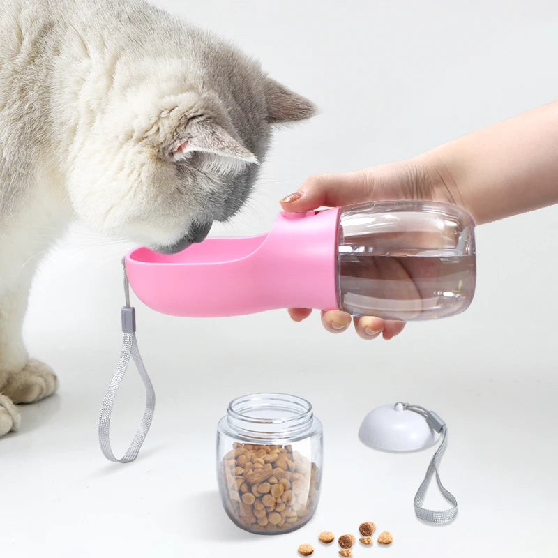 2-in-1 Portable Dog & Cat Water Bottle | 300ml Food Grade Travel Cup with Food Dispenser