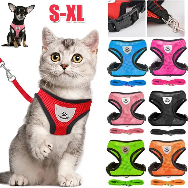 Adjustable Cat and Dog Harness with Lead Leash | Breathable Polyester Mesh Reflective Vest for Small Pets