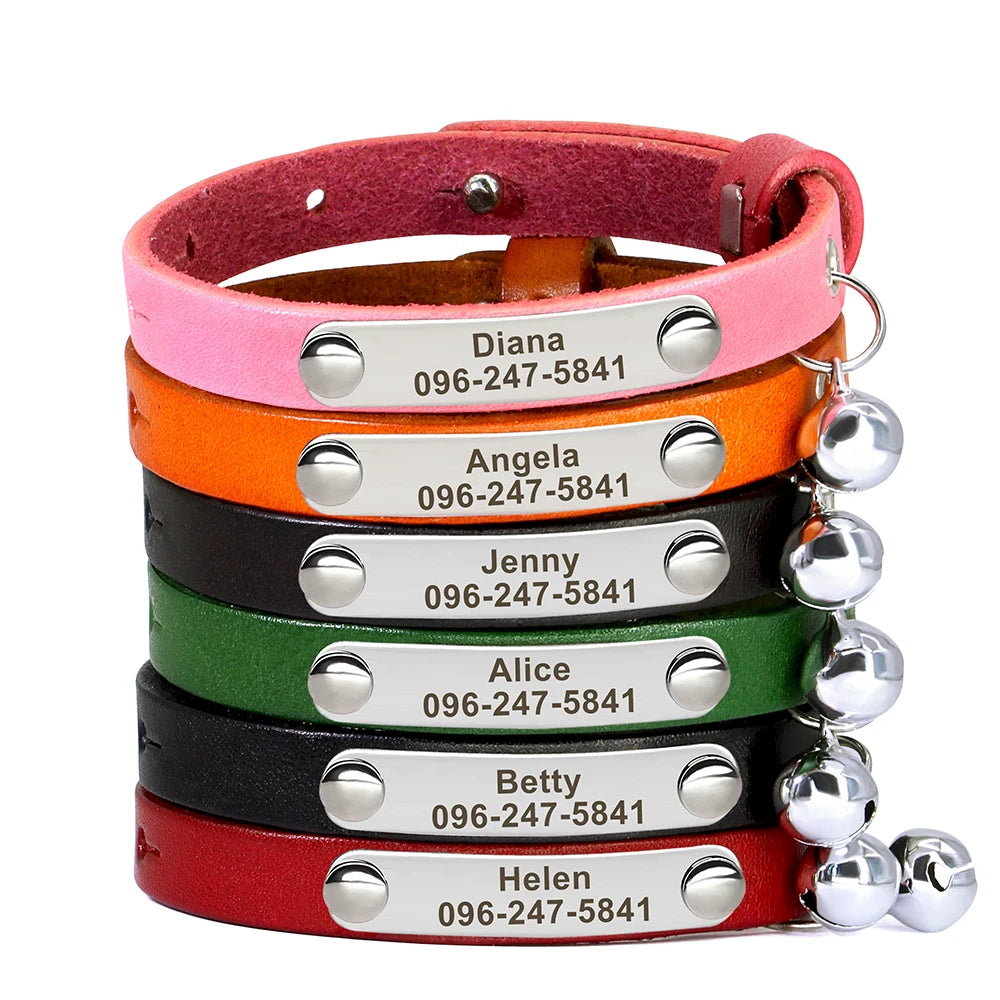 Personalized Adjustable Leather Cat Collar | Custom Name Necklace for Puppies and Kittens - Anti-Lost Pet Accessory
