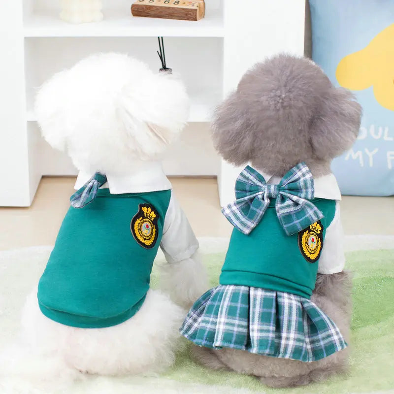 Preppy Style Dogs Clothes Dog Couples Dress Dog T-Shirt Skirt For Puppy Kitten