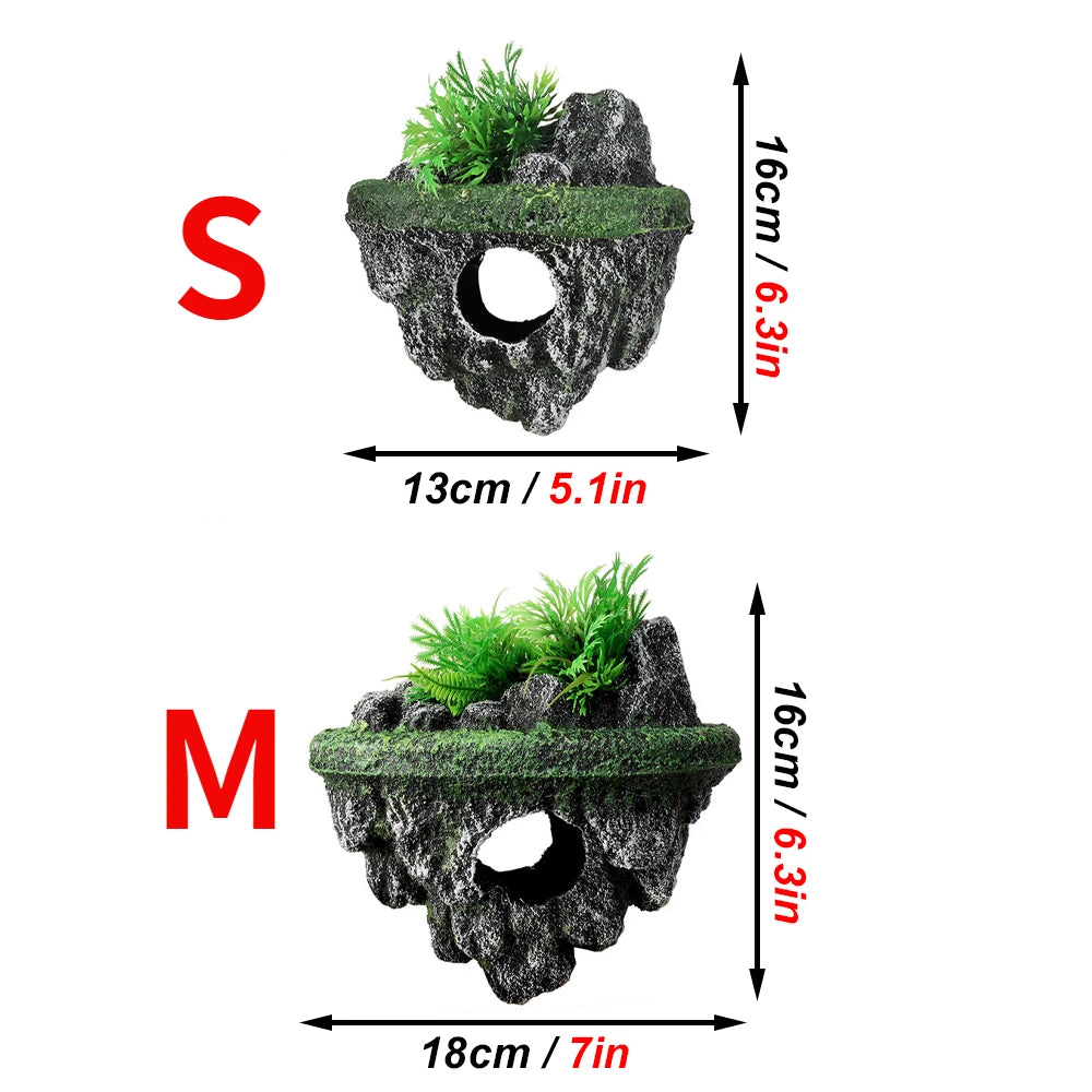 Suspended Island Fish Tank Decoration | Creative Floating Stone with Simulation Plants & Caverns