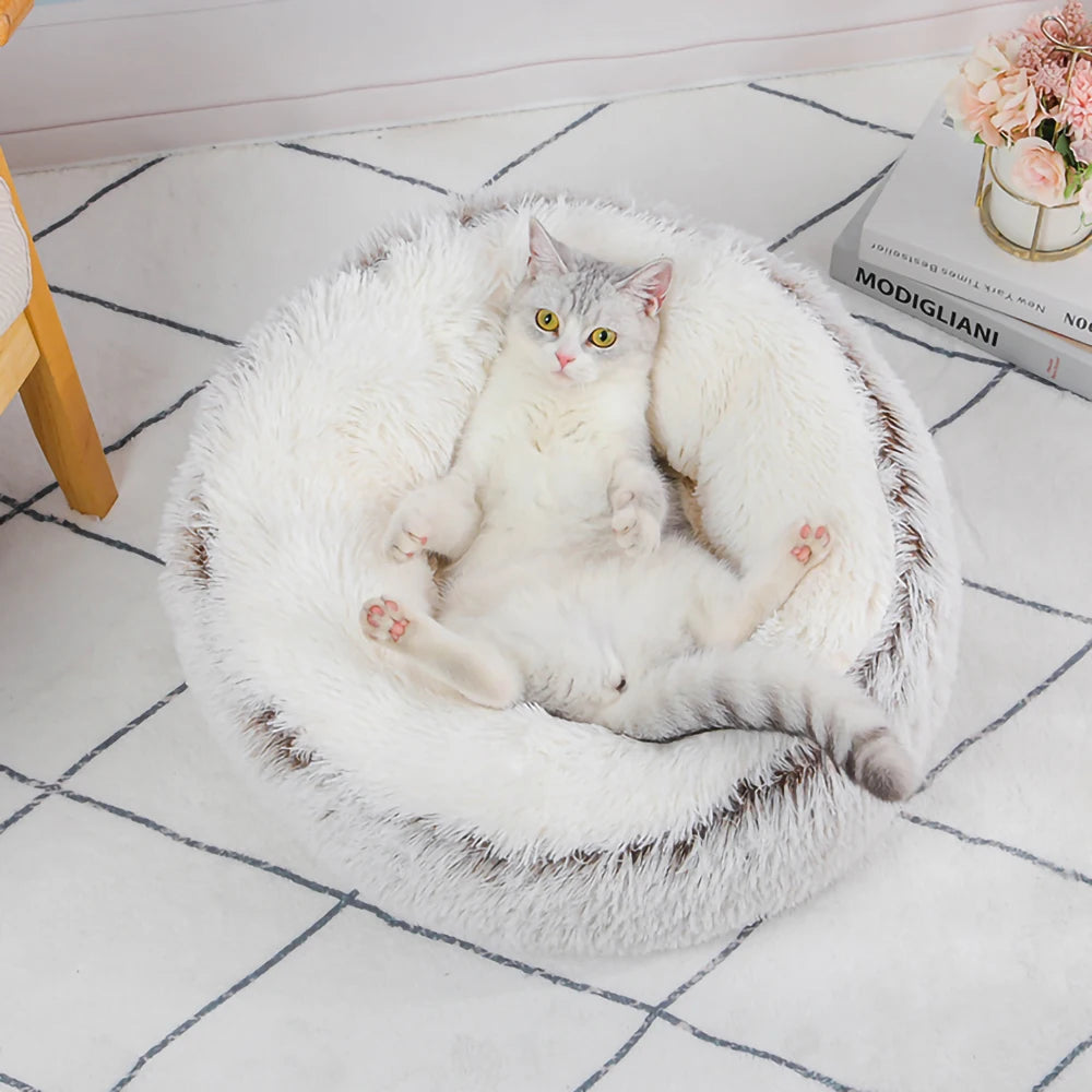 Long Plush Round Cat Bed | Comfy & Fashionable Nap Spot for Cats