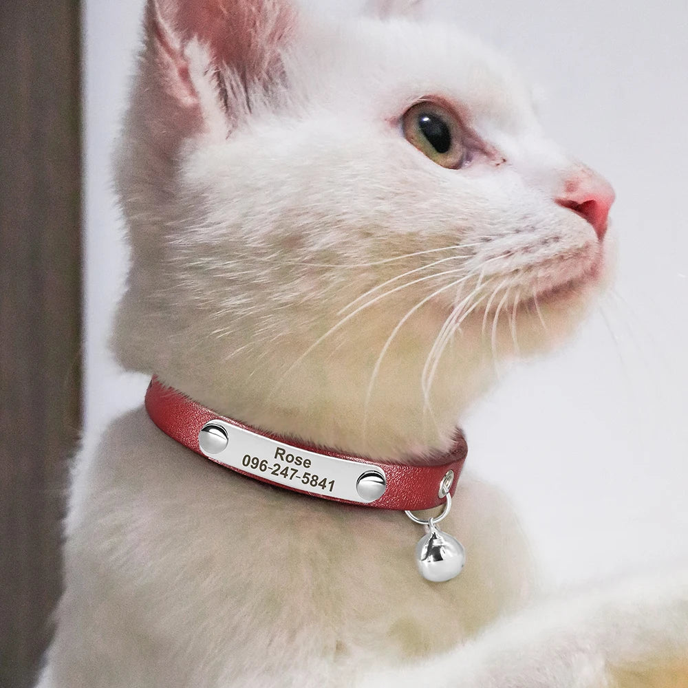 Personalized Adjustable Leather Cat Collar | Custom Name Necklace for Puppies and Kittens - Anti-Lost Pet Accessory