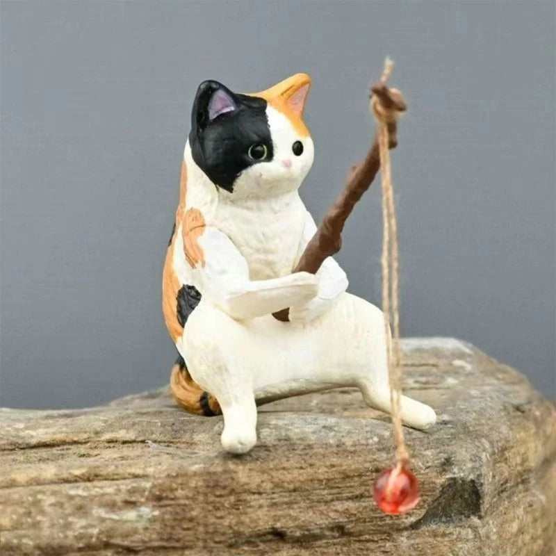 Fishing Cat Ornaments | Aquarium Decoration & Landscaping Cartoon Cat Statue Mini Resin Figurine