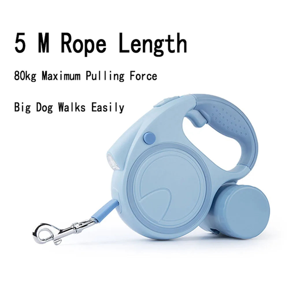 Retractable Dog Leash with LED Lights & Garbage Bag | Durable 5M Nylon Traction Rope