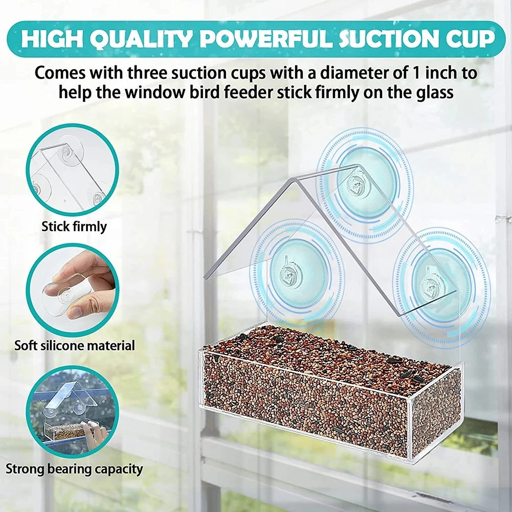 Transparent Window Wild Bird Feeder | Outdoor Removable Suction Cups & Sliding Automatic Feed Tray for Garden, Patio, and Yard