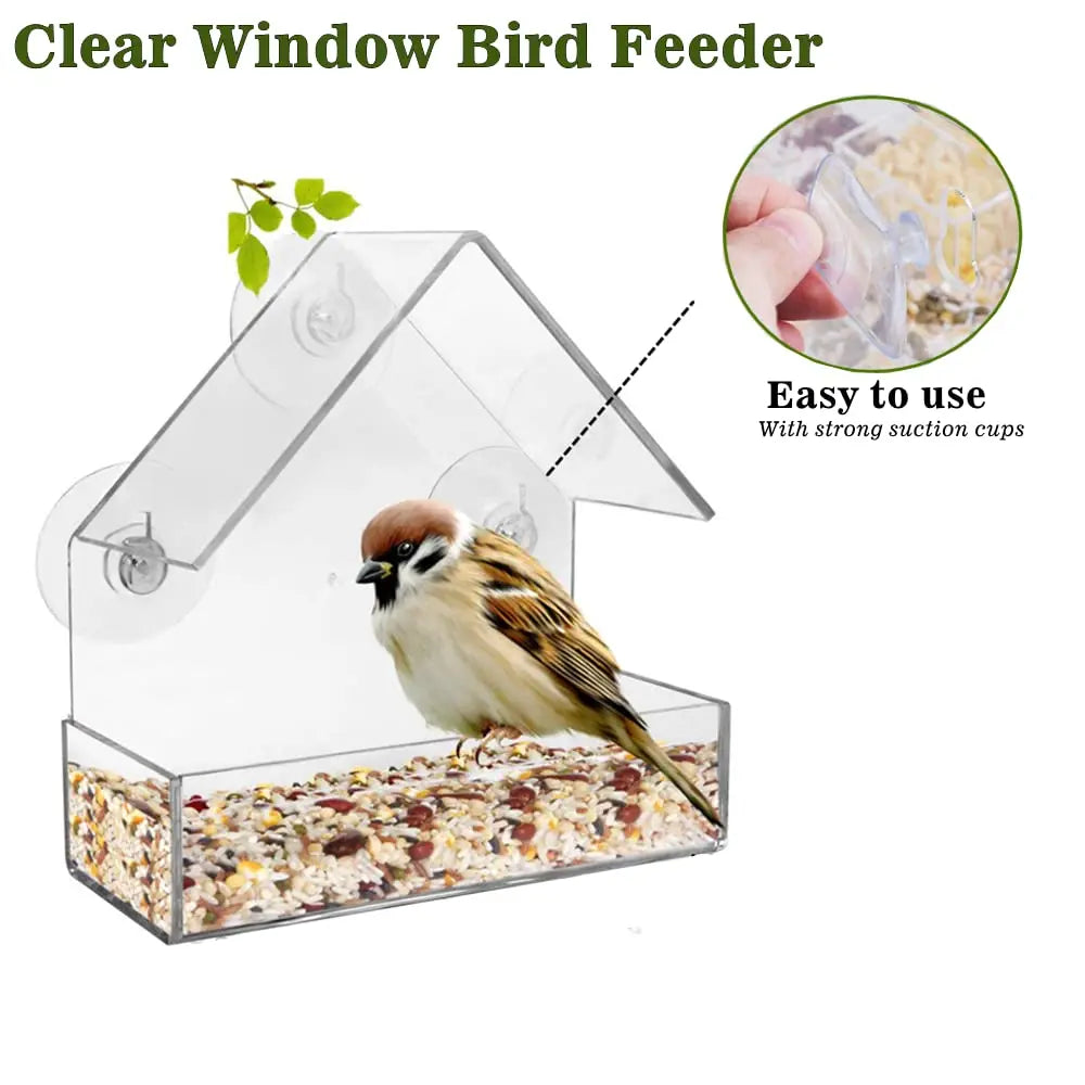Transparent Window Wild Bird Feeder House | Removable Suction Cups & Sliding Feed Tray for Garden, Patio, and Yard