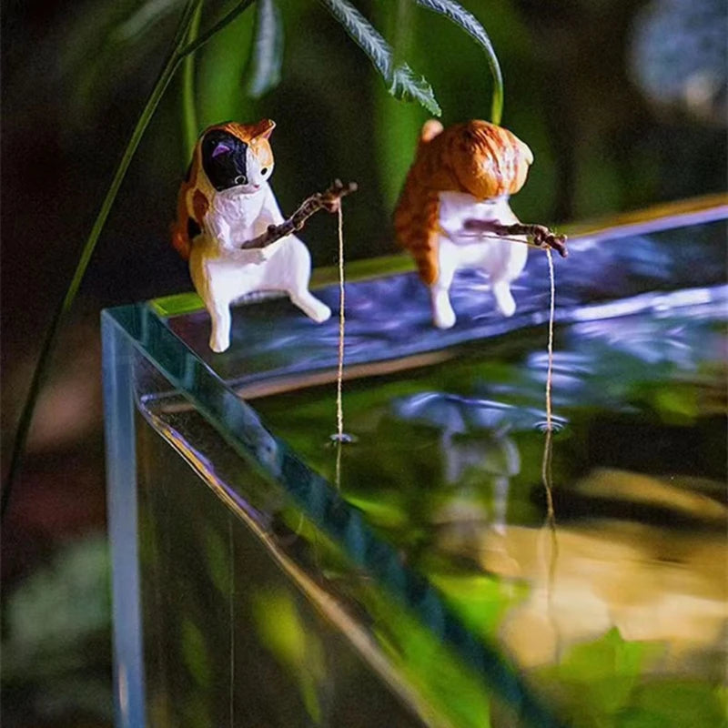 Fishing Cat Ornaments | Aquarium Decoration & Landscaping Cartoon Cat Statue Mini Resin Figurine