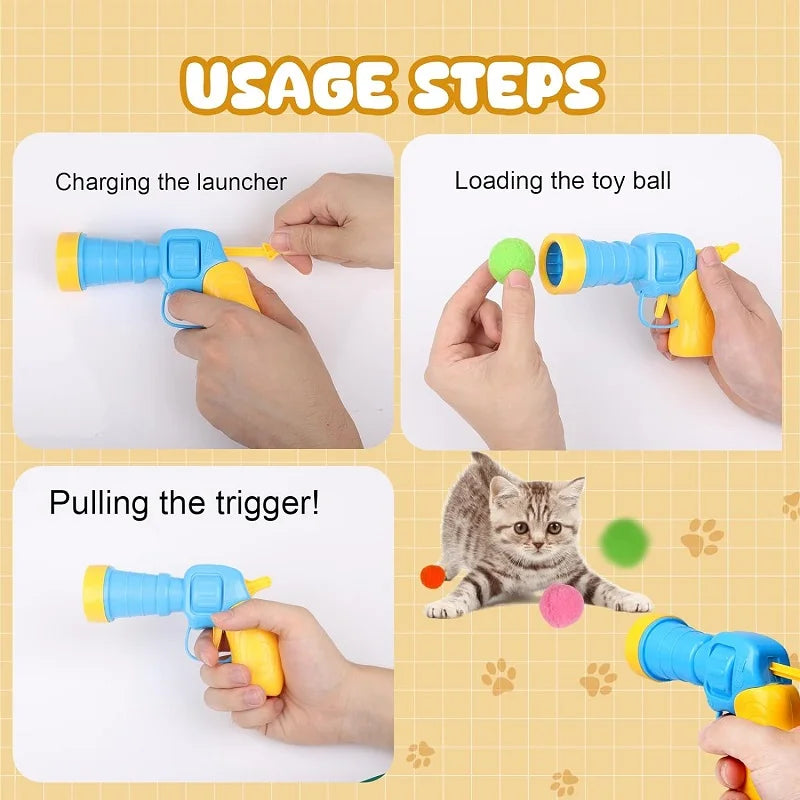 Interactive Cat Toy Ball | Launch Training Toy for Puppies and Kittens - Creative Mini Shooting Gun Games with Plush Balls