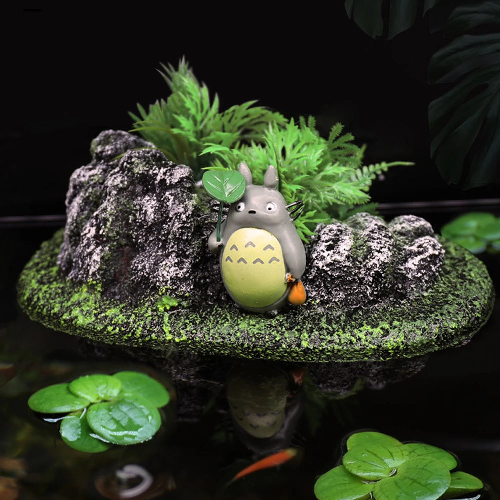 Suspended Island Fish Tank Decoration | Creative Floating Stone with Simulation Plants & Caverns