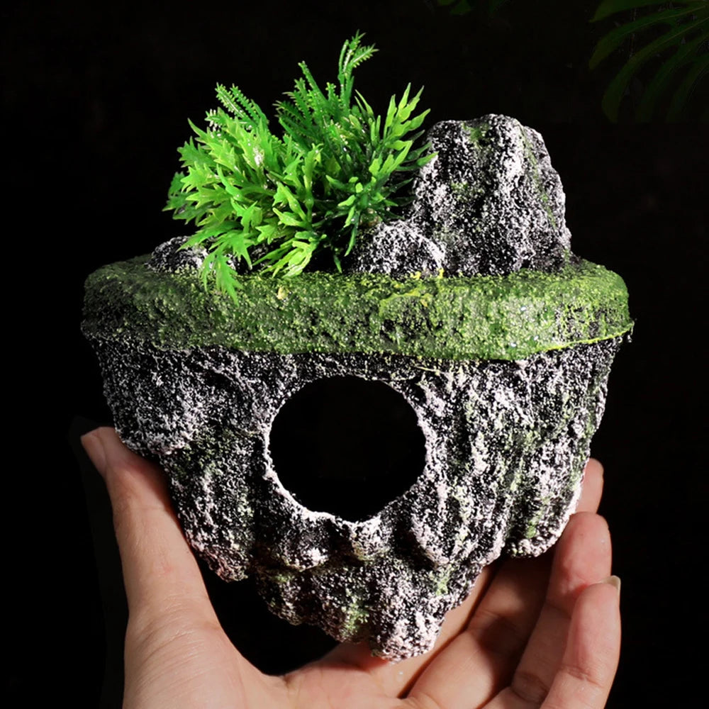 Suspended Island Fish Tank Decoration | Creative Floating Stone with Simulation Plants & Caverns