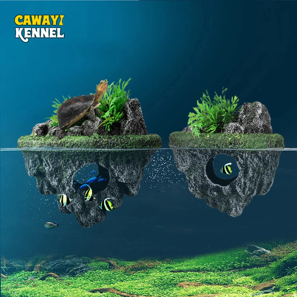 Suspended Island Fish Tank Decoration | Creative Floating Stone with Simulation Plants & Caverns