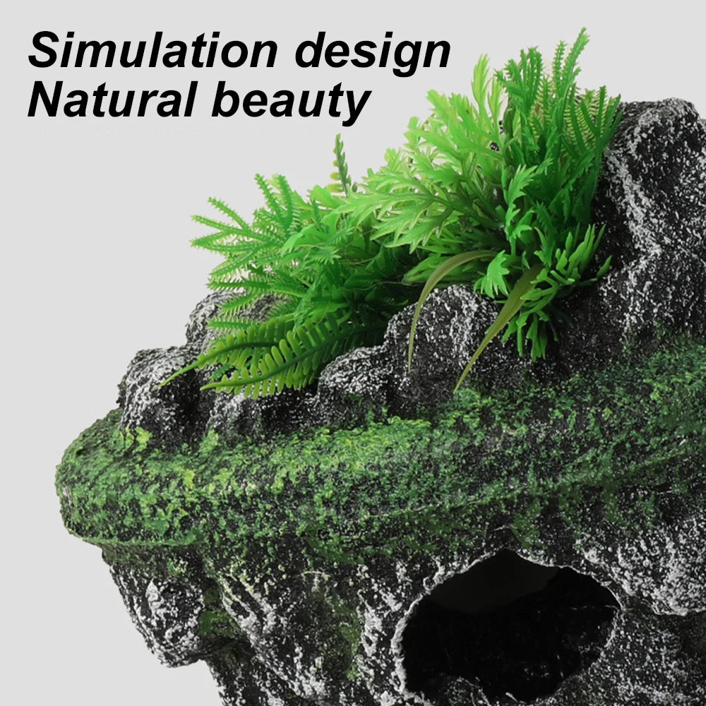 Suspended Island Fish Tank Decoration | Creative Floating Stone with Simulation Plants & Caverns