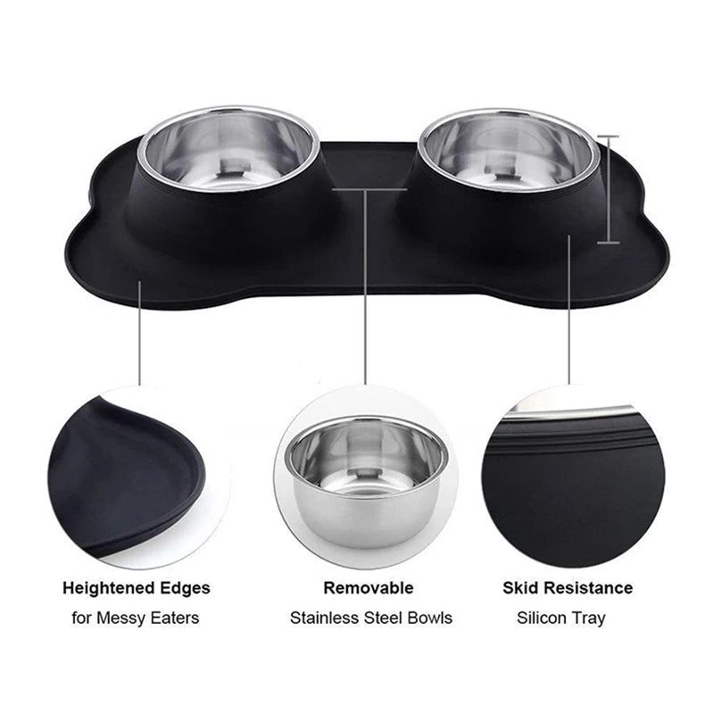 Antislip Double Dog Bowl with Silicone Mat | Durable Stainless Steel Food and Water Feeder for Dogs and Cats
