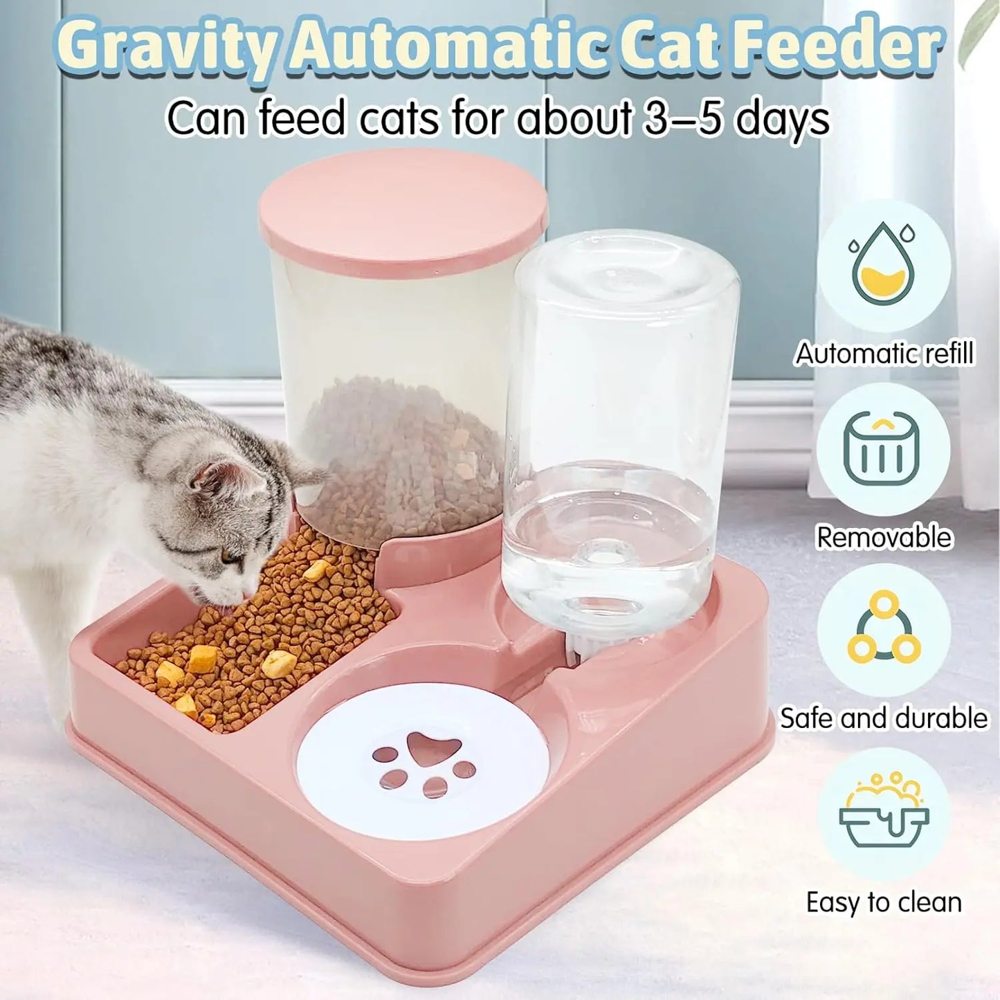 2-in-1 Automatic Cat Feeder & Water Dispenser Set | Tilted Gravity Food and Water Feeder for Pets