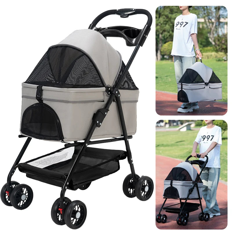 Foldable 4-Wheel Pet Stroller | Lightweight Dog Travel Jogger with Storage Basket | Perfect for Small Dogs & Cats