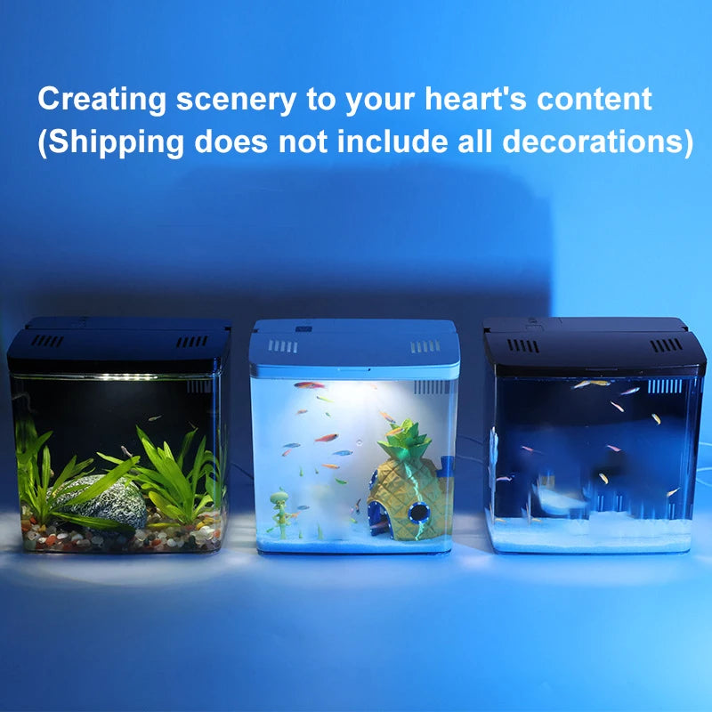 Mini Fish Tank with Self-Circulating Filter | Home Aquarium Kit with Lighting & Wave Pumps