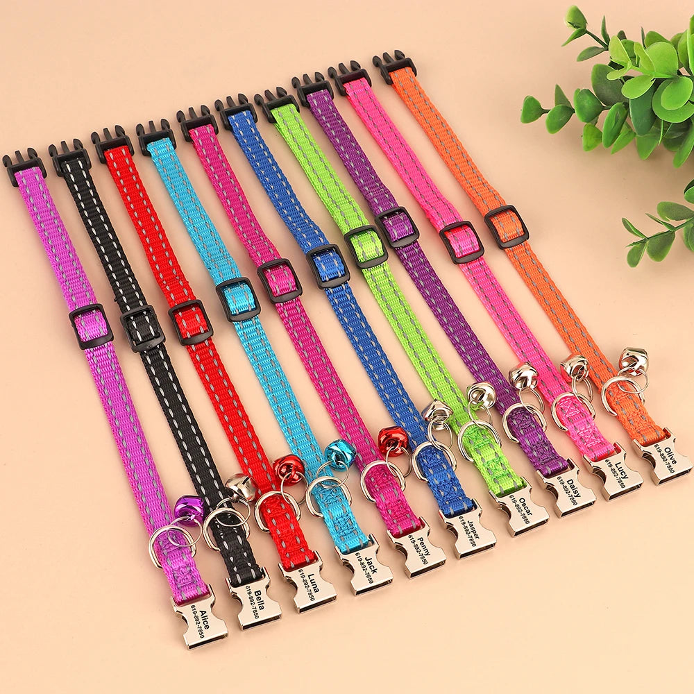 Personalized Reflective Nylon Cat Collar with Bell | Free Engraving for Small Dogs and Cats - 10 Colors Available