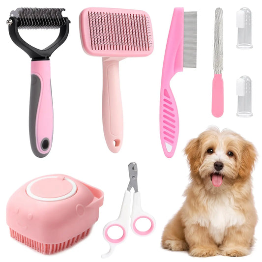 8-Piece Dog Grooming Set | Self-Cleaning Kit with Nail Clippers, Flea Comb, Shampoo Brush, and More