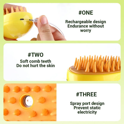 3-in-1 Electric Steamy Brush for Cats and Dogs | Grooming Tool with Massage and Shedding Spray