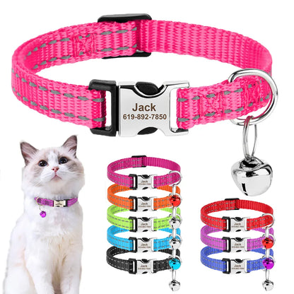 Personalized Reflective Nylon Cat Collar with Bell | Free Engraving for Small Dogs and Cats - 10 Colors Available