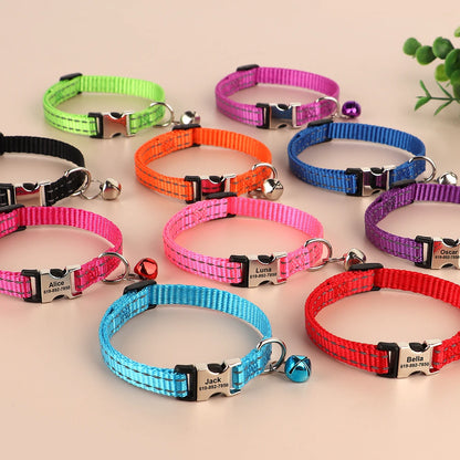 Personalized Reflective Nylon Cat Collar with Bell | Free Engraving for Small Dogs and Cats - 10 Colors Available